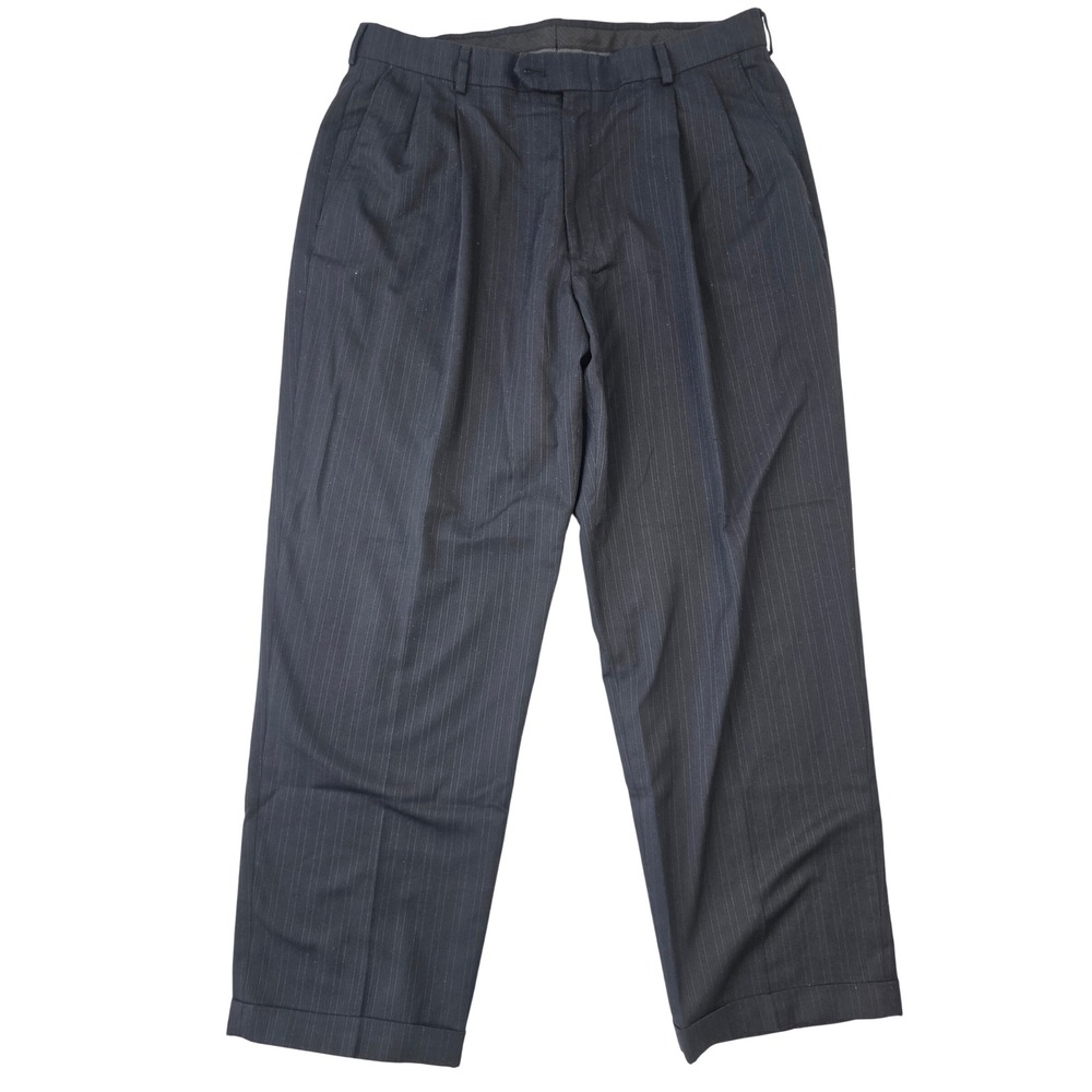 Haggar Mens 36x30 Pleated Pinstripe Dress Pants Charcoal Gray Cuffed Trousers